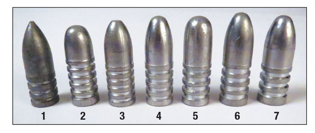 Off-the-shelf and custom bullet designs. All these are .45 caliber: (1) Lyman 457658, 480 grains pointed with three grooves, (2) Steve Brooks custom 500-grain Government RN with five grooves, (3) Redding/SAECO 645 530-grain Creedmoor with a flat tip, (4) Buffalo Arms 458540, 540-grain Creedmoor with four grooves, (5) Buffalo Arms 458565, 565-Government RN with four grooves, (6) Steve Brooks 550-grain Creedmoor with four grooves, (7) RCBS 45-530-RN Creedmoor with three grooves.